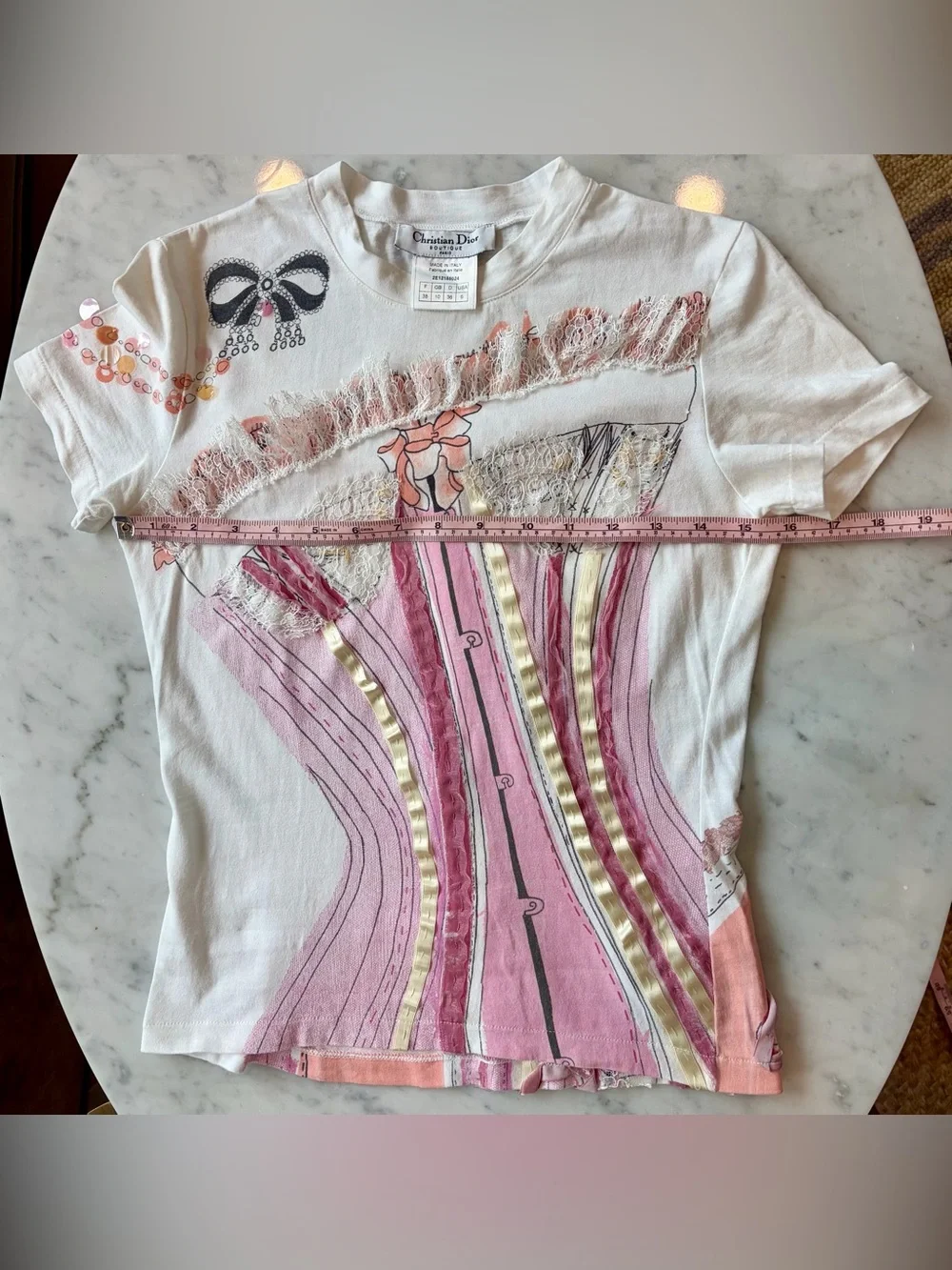 DIOR VTG Galliano ‘02 Corset Tee, white w/pink velvet ribbons&lace, M, EUC🎀 - Picture 12 of 15
